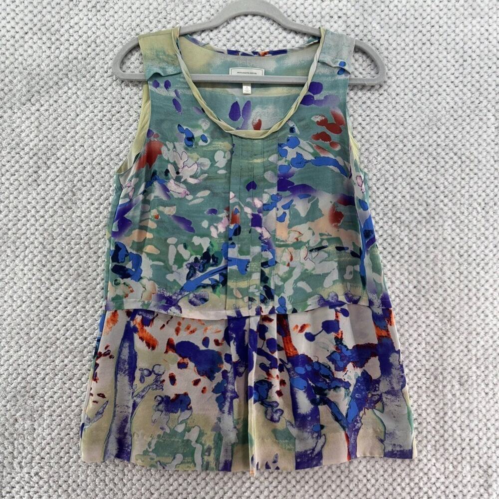 Moulinette Soeurs Top Women 6 Green Silk Watercolor Art To Wear Tank Crew Neck